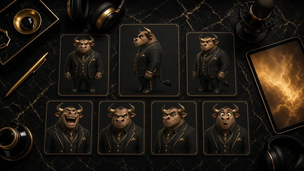 Character reference cards on a black and gold desk showing the same cartoon bull character in a suit from several angles and with different expressions