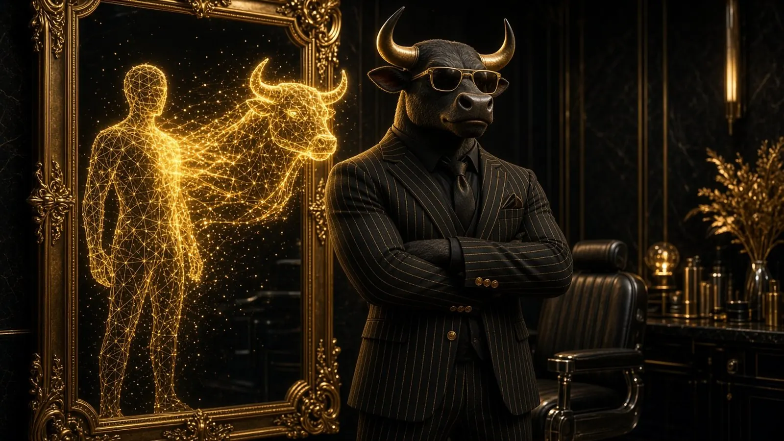Stylized bull-man character in a black and gold pinstripe suit beside a gold mirror where a glowing wireframe person transforms into a bull, symbolizing an AI alter ego