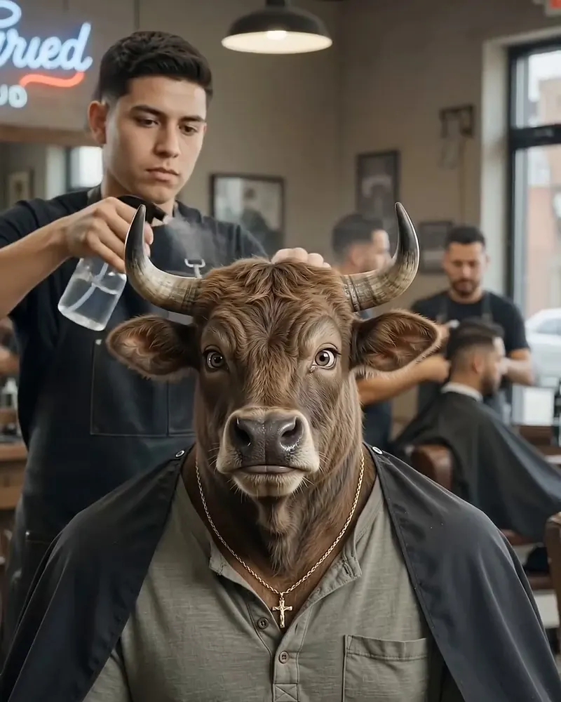 A barber sprays water on Don Toro in a barber shop