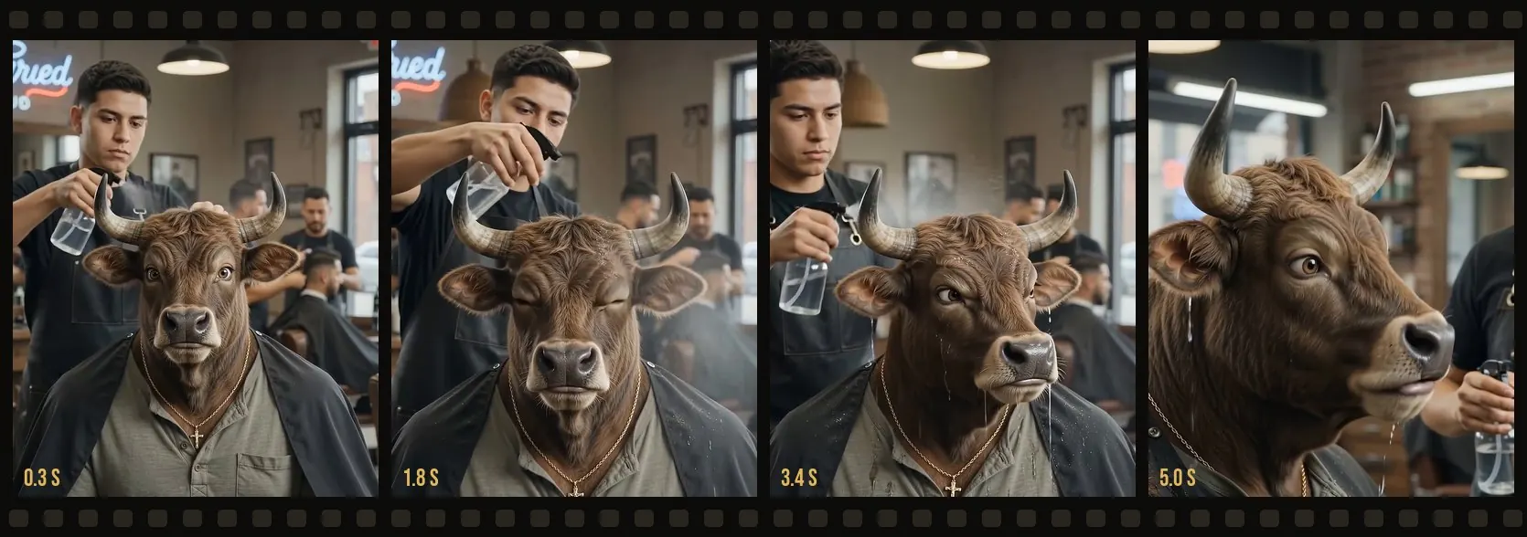 Four frames from the barber Short showing the motion: spray, drip, head turn