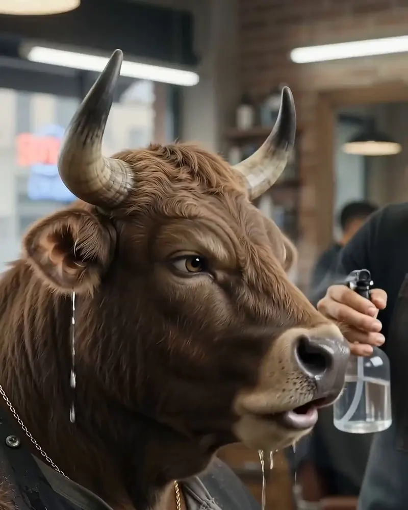Water dripping from Don Toro while the barber holds the spray bottle