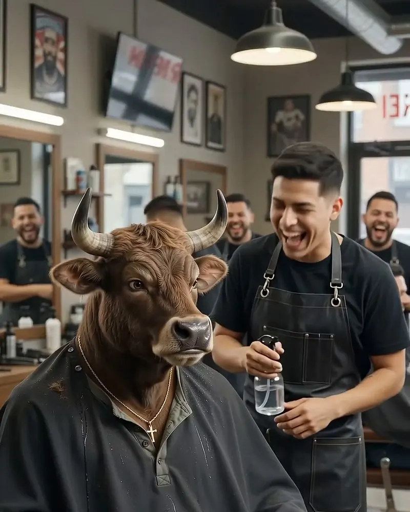 The barber laughs while Don Toro sits annoyed in the chair