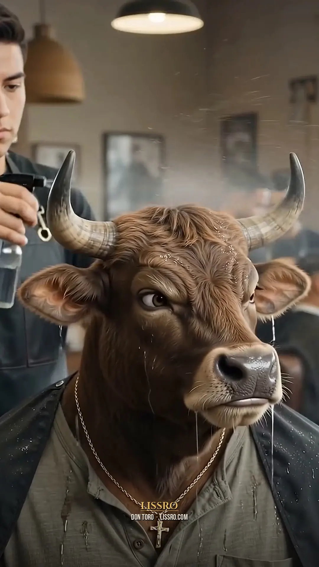 Don Toro, the AI bull-man, at the barber shop